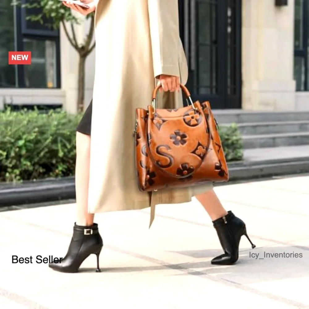 Floral Embossed Leather Top Handle Hobo Tote Shoulder Bag Large Capacity